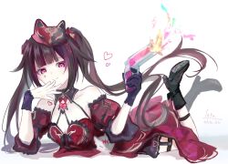 1girl absurdres bare_shoulders black_boots black_choker black_gloves boots breasts brown_hair butterfly-shaped_pupils choker cleavage dress fox_mask garter_belt gloves gun heart heart_tattoo highres holding holding_gun holding_weapon honkai:_star_rail honkai_(series) honkai_impact_3rd long_hair looking_at_viewer luta_(luta_1013) lying mark_under_eye mask mask_on_head official_alternate_costume on_stomach pink_eyes red_dress red_sleeves single_glove smile solo sparkle_(fictitious_game)_(honkai:_star_rail) sparkle_(honkai:_star_rail) symbol-shaped_pupils tattoo weapon white_background