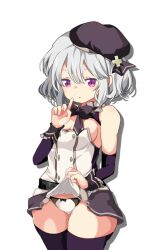1girl bare_shoulders belt beret black_bow black_bowtie black_thighhighs bow bow_panties bowtie breasts cleavage clothes_lift cross_ornament detached_sleeves dress erin_(knight_of_erin) facing_viewer finger_to_mouth game_cg grey_hair hair_between_eyes hat hikaru_(sgst) knight_of_erin lifting_own_clothes long_bangs looking_at_viewer non-web_source panties purple_eyes shadow skirt skirt_lift solo standing thighhighs thighs underwear variant_set wavy_hair white_dress white_panties wrist_cuffs