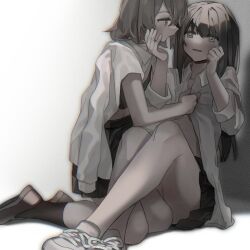 2girls black_bra black_skirt black_socks bra brown_hair brown_shoes commentary grey_eyes grey_hair hand_on_another&#039;s_face inuko_(ink0425) long_hair multiple_girls no_bra original parted_lips partially_undressed pleated_skirt school_uniform shirt shirt_on_shoulders shoes skirt smile socks underwear undressing_another white_shirt white_socks yuri