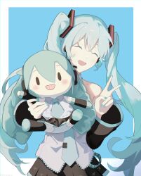 1girl absurdres ame_miya_ta aqua_hair aqua_nails aqua_necktie aqua_stripes bare_shoulders black_footwear black_skirt black_sleeves blue_background blush character_doll closed_eyes collared_shirt detached_sleeves doll fuwapuchi grey_shirt hatsune_miku headphones highres holding holding_doll long_hair miniskirt necktie open_mouth pleated_skirt shirt skirt sleeveless sleeveless_shirt smile solid_oval_eyes solo striped_clothes striped_skirt striped_sleeves stuffed_toy twintails v very_long_hair vocaloid waving