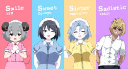 1boy 3girls :d animal_ears black_eyes black_hair blend_s blonde_hair blue_eyes blue_hair blush bon_appetit_s breasts buttons collared_dress collared_shirt colored_skin commentary_request cookie_(touhou) cosplay dino_(blend_s) dino_(blend_s)_(cosplay) dress flat_chest flour_(cookie) gloves grey_hair hair_between_eyes headscarf highres hinata_kaho hinata_kaho_(cosplay) hoshikawa_mafuyu hoshikawa_mafuyu_(cosplay) kumoi_ichirin large_breasts looking_at_viewer manatsu_no_yo_no_inmu matahachi_(matahachi4230) medium_breasts milk_(cookie) mouse_ears mouse_girl mouse_tail multiple_girls murasa_minamitsu nazrin nyon_(cookie) one_eye_closed open_mouth own_hands_together pink_dress red_eyes sakuranomiya_maika sakuranomiya_maika_(cosplay) shirt short_hair short_sleeves smile stile_uniform sunglasses tail takuya_(acceed) touhou upper_body waitress white_gloves white_headscarf white_headwear white_shirt white_skin yellow_dress