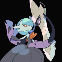 aegislash alternate_color artist_name black_background black_dress black_gloves blue_hair bob_cut colored_skin dress elbow_gloves gardevoir gen_3_pokemon gen_6_pokemon gloves mega_gardevoir mega_pokemon ni_re nintendo one-eyed orange_eyes pokemon pokemon_(creature) purple_eyes shiny_pokemon simple_background strapless strapless_dress sword weapon white_skin