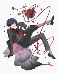 1boy alternate_costume arm_at_side arm_support ascot belt bishounen black_belt black_cat black_gloves black_hair black_hat black_jacket black_pants black_shoes black_sleeves black_suit bright_pupils cat clothes_pull contemporary dress_shirt eyeliner eyeshadow falling_petals flower formal_clothes genshin_impact gloves grey_pantyhose grey_undershirt hair_intakes half_gloves hand_on_own_leg hat hei_lang highres jacket layered_sleeves long_sleeves looking_at_viewer makeup male_focus open_clothes open_jacket open_mouth oxfords pants pants_pull pantyhose petals pink_sash purple_hair red_ascot red_eyeliner red_eyeshadow red_flower red_jacket red_petals red_ribbon red_rose red_sleeves red_undershirt ribbon rose sash scaramouche_(genshin_impact) shirt shoes smirk solo suit suit_jacket trilby two-sided_fabric two-sided_jacket white_background white_mouth white_pupils wispy_bangs