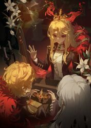 1boy 1girl absurdres black_coat blonde_hair brown_coat coat crown different_reflection don_quixote_(project_moon) flower gold_trim highres holding holding_crown indoors jacket la_manchaland&#039;s_don_quixote_(project_moon) la_manchaland_(identity)_(project_moon) limbus_company long_hair long_sleeves mirror parted_bangs project_moon reflection sancho_(project_moon) short_hair sidelocks tokulily very_long_hair white_flower white_hair white_jacket