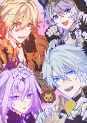 2boys 2girls black_tiara blue_eyes castorice_(honkai:_star_rail) cipher_(honkai:_star_rail) grey_hair highres honkai:_star_rail honkai_(series) looking_at_viewer medium_hair multiple_boys multiple_girls mydei_(honkai:_star_rail) orange_eyes orange_hair paw_pose phainon_(honkai:_star_rail) purple_eyes purple_hair short_hair tiara toriyoshi translation_request twitter_username upper_body