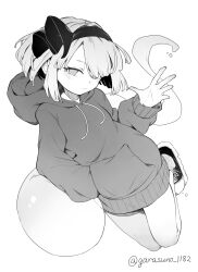 1girl blush garasuno hairband hand_in_pocket hand_up highres hood hoodie konpaku_youmu konpaku_youmu_(ghost) light_smile looking_at_viewer medium_hair monochrome shoes sneakers socks solo thighs touhou twitter_username white_hair white_socks