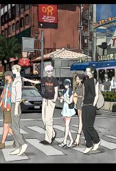2girls 6+boys aged_down amanai_riko black_hair black_pants blue_dress car city commentary_request crosswalk dress father_and_son full_body fushiguro_megumi fushiguro_touji getou_suguru gojou_satoru haibara_yu hair_bun hands_in_pockets highres jujutsu_kaisen kuroi_misato letterboxed motor_vehicle multiple_boys multiple_girls nanami_kento on_head pale_skin palm_tree pants profile shirt shiu_kong short_hair single_sidelock smile spiked_hair sunglasses t-shirt takeuchi_ryousuke tree white_hair