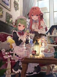 &gt;_&lt; 2girls 3: :d ^_^ anna_(ikeuchi_tanuma) apron back_bow bathtub beret black_bow black_dress blonde_hair blush boots bow brown_boots brown_hair chair character_doll claw_foot_bathtub closed_eyes commentary_request couch cover_image curtains doll doll_house dress edel_(ikeuchi_tanuma) floral_print_wall flower frilled_hat frilled_kimono frills green_hair hair_bow hat hat_bow high_heel_boots high_heels highres holding holding_doll ikeuchi_tanuma japanese_clothes juliet_sleeves kimono lamp long_dress long_sleeves maid maid_apron maid_headdress multicolored_hair multiple_girls nude open_mouth original picture_frame pillow pink_hair pink_kimono pointing puffy_sleeves purple_eyes red_eyes red_hair rije_(ikeuchi_tanuma) rosette_(ikeuchi_tanuma) same-sex_bathing shared_bathing short_dress sitting smile standing streaked_hair stuffed_animal stuffed_toy table teddy_bear tino_ashberry twintails unworn_clothes white_bow white_dress window