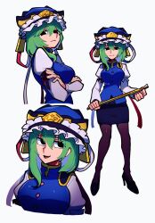 1girl asymmetrical_hair black_eyes black_hat black_shoes black_skirt blue_vest bow breasts buttons collared_vest cropped_torso crossed_arms epaulettes frilled_hat frills full_body green_hair hair_between_eyes hat high_heels highres holding iganashi1 light_frown long_sleeves looking_at_viewer medium_breasts miniskirt multiple_views no_pupils pantyhose red_bow rod_of_remorse shiki_eiki shirt shoes short_hair skirt sleeve_bow smile standing touhou upper_body vest white_bow white_shirt