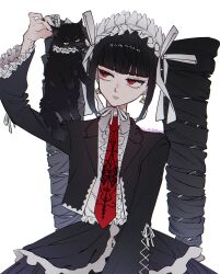 1girl absurdres animal black_jacket black_skirt cat celestia_ludenberg center_frills collared_shirt danganronpa:_trigger_happy_havoc danganronpa_(series) drill_hair frilled_jacket frilled_skirt frills highres jacket long_sleeves necktie open_clothes open_jacket red_eyes red_necktie shimaya shirt sideways_glance simple_background skirt twin_drills twintails white_background