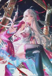 1girl ahoge black_boots black_gloves blue_eyes boots bow breasts carlotta_(wuthering_waves) collared_jacket commentary corrupted_twitter_file dress earrings feet_out_of_frame gloves grey_hair gun hair_bow hand_up highres holding holding_gun holding_weapon jacket jewelry long_hair looking_at_viewer medium_breasts parted_bangs parted_lips picture_frame pink_bow pink_jacket pink_thighhighs sidelocks signature smile solo thigh_boots thighhighs thighhighs_under_boots thighs very_long_hair weapon white_dress wuthering_waves xiisalt