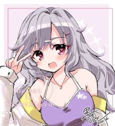 Rule 34 | 1girl, 2024, :d, bare shoulders, blush, border, camisole, casual, collarbone, commentary request, dated, grey hair, gyaru, hair between eyes, hair intakes, hair ornament, hairclip, hand up, happy, heart, highres, hinocchio bkrk, jacket, kinoshita kaede, long hair, looking at viewer, nail polish, official alternate costume, open clothes, open jacket, open mouth, outside border, pink background, print camisole, purple camisole, purple nails, red eyes, signature, simple background, sketch, smile, solo, star (symbol), star print, tenshi souzou re-boot!, thick eyebrows, upper body, v, watermark, wavy hair, white border, white jacket