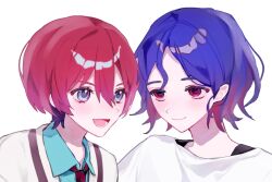 1boy 1girl amate_yuzuriha aqua_eyes blue_hair blush collared_shirt colored_inner_hair e24t6 gundam gundam_gquuuuuux highres looking_at_another multicolored_hair necktie open_mouth portrait purple_hair red_eyes red_hair school_uniform shirt short_hair shuji_ito simple_background smile sweater two-tone_hair white_background white_shirt
