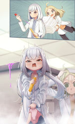 2girls absurdres accident age_regression aged_down ahoge black_pants blonde_hair blush chemicals child crying denwa green_eyes hands_on_own_head highres indoors lab_coat laboratory long_hair low_twintails multiple_girls open_mouth orange_shirt original oversized_clothes panicking panties pants paper_stack pink_panties shirt sweat transformation tripping twintails underwear white_eyes white_hair