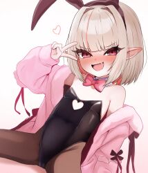 1girl animal_ear_hairband animal_ears black_leotard black_pantyhose bow bowtie detached_collar fake_animal_ears fang flat_chest hairband hand_up heart highres huucha_(cpaf5377) jacket leotard loli long_sleeves looking_at_viewer makaino_ririmu nijisanji open_mouth pantyhose pink_bow pink_bowtie pink_jacket playboy_bunny pointy_ears rabbit_ear_hairband rabbit_ears red_eyes simple_background solo strapless strapless_leotard v variant_set virtual_youtuber white_background