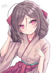 1girl absurdres blush bow breasts brown_hair drill_hair hair_bow hakama hakama_skirt harukaze_(kancolle) highres hizaka japanese_clothes kantai_collection kimono long_hair looking_at_viewer meiji_schoolgirl_uniform pink_kimono red_bow red_eyes red_hakama ribbon signature skirt small_breasts smile solo twin_drills twitter_username white_background