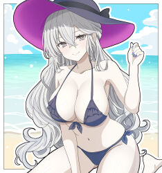 1girl alternate_hairstyle beach bikini black_bikini black_hat breasts closed_mouth collarbone daiichi_(1279220) diabellstar_the_black_witch duel_monster earrings grey_hair hat highres jewelry kneeling large_breasts long_hair looking_at_viewer ocean sand smile solo swimsuit very_long_hair water yu-gi-oh!