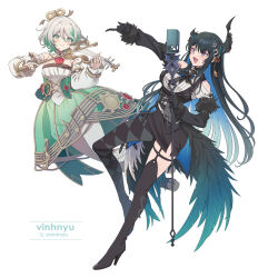 2girls :d argyle_clothes argyle_pantyhose artist_name ascot asymmetrical_horns asymmetrical_legwear black_boots black_bow black_bowtie black_gloves black_hair black_pantyhose black_skirt black_wings blue_hair boots bow bow_(music) bowtie braid breast_strap cecilia_immergreen cecilia_immergreen_(1st_costume) closed_mouth clothing_cutout coattails collared_shirt colored_inner_hair commentary corset cross-laced_clothes cross-laced_corset detached_collar detached_sleeves doll doll_joints double-parted_bangs dress_shirt english_commentary feather-trimmed_sleeves feathered_wings flower flower_knot fortissimo framed_breasts full_body garter_straps gears gloves gold_trim gradient_clothes green_corset green_eyes green_hair green_skirt grey_hair hair_between_eyes hair_ornament high_heel_boots high_heels highres holding holding_bow_(music) holding_instrument holding_microphone holding_violin hololive hololive_english horn_flower horns instrument joints long_hair long_sleeves low_wings microphone miniskirt mismatched_legwear mole mole_under_eye multicolored_hair multiple_girls music musical_note musical_note_hair_ornament nerissa_ravencroft nerissa_ravencroft_(1st_costume) open-toe_boots open_mouth outstretched_arm pantyhose pencil_skirt platform_boots playing_instrument puffy_long_sleeves puffy_sleeves purple_eyes red_ascot red_eyes ribbed_shirt see-through_clothes see-through_skirt shirt short_hair shoulder_cutout side_braid side_slit sidelocks single_braid single_garter_strap single_leg_pantyhose skirt smile strapless_romper tassel tassel_hair_ornament thigh_boots underbust uneven_horns uneven_legwear very_long_hair vinhnyu violin virtual_youtuber white_romper white_shirt white_sleeves winding_key wings