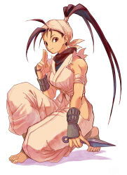 Rule 34 | 1girl, arm up, barefoot, black hair, black shirt, brown eyes, clothing cutout, collared shirt, commentary request, full body, hair tie, holding, holding weapon, ibuki (street fighter), kneeling, kuji-in, kunai, long hair, looking at viewer, motoyui, ninja, ponytail, shirt, simple background, street fighter, street fighter iii (series), thigh cutout, torn clothes, torn sleeves, weapon, white background, yuza