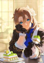 Rule 34 | 1boy, absurdres, albedo (genshin impact), artist name, black gloves, black shirt, blonde hair, blue eyes, blue necktie, blurry, blurry background, blurry foreground, braid, cake, cake slice, closed mouth, collared shirt, cup, curtains, day, flower, food, fork, genshin impact, gloves, hair between eyes, hanapen, hand on own face, hands up, highres, holding, holding fork, indoors, jar, long sleeves, looking at viewer, male focus, necktie, plant, plate, shirt, short hair, sitting, solo, table, vest, white flower, white vest, window