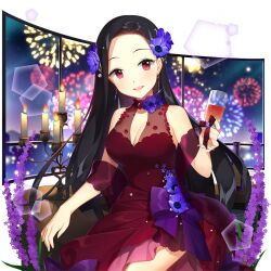 1girl :d alcohol alternate_costume bad_link bare_shoulders black_hair blush bow breasts brown_hair champagne champagne_flute choker clarice_lapis cleavage cleavage_cutout clothing_cutout collarbone cowboy_shot cup dress drinking_glass earrings floral_print flower forehead glass hair_flower hair_ornament halterneck holding indoors jewelry large_breasts long_hair looking_at_viewer medium_breasts microphone necklace off_shoulder open_mouth outdoors parted_bangs pink_dress pink_eyes purple_bow purple_dress purple_eyes purple_flower purple_ribbon purple_rose red_dress red_eyes ribbon rose salt_(salty) see-through_clothes short_dress sitting sleeveless sleeveless_dress small_breasts smile solo sparkle standing strapless strapless_dress thighhighs uchi_no_hime-sama_ga_ichiban_kawaii very_long_hair wine_glass