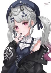 Rule 34 | 1girl, :3, ahoge, beret, black nails, breasts, gradient hair, grey hair, hand to own mouth, hat, highres, jewelry, looking at viewer, multicolored hair, nijisanji, nijisanji en, off shoulder, purple eyes, reimu endou, ring, simple background, small breasts, solo, twintails, twitter username, usari sk, virtual youtuber, white background