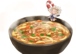 2girls arms_up blue_eyes bowl bracelet chibi commentary_request crop_top flower food food_focus full_body hair_flower hair_ornament hinata_yuu holding i-58_(kancolle) in_food inugami-ke_no_ichizoku_pose jewelry jumping kantai_collection leaf legs_up lifebuoy long_hair mini_person minigirl multiple_girls noodles one-piece_swimsuit one-piece_tan open_mouth ro-500_(kancolle) sailor_collar school_swimsuit school_uniform serafuku smile steam submerged swim_ring swimsuit swimsuit_under_clothes tan tanline torpedo udon white_hair