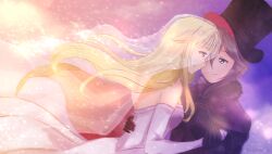 Rule 34 | ange (princess principal), bare shoulders, black dress, black gloves, black headwear, blonde hair, blue eyes, brown hair, commentary request, dancing, dress, elbow gloves, female focus, floating hair, gloves, hat, headdress, highres, imminent kiss, long hair, princess (princess principal), princess principal, short hair, smile, top hat, see-through headwear, wavy hair, wedding dress, white dress, white gloves, wife and wife, xin (blueramen), yuri