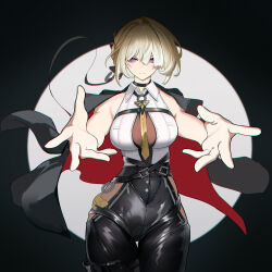 1girl absurdres black_background black_choker black_pants blonde_hair breasts chest_harness choker evelyn_chevalier hair_up harness high-waist_pants highres jacket jacket_on_shoulders large_breasts nervi_fd pants purple_eyes reaching reaching_towards_viewer ring_hair_ornament serious shirt sleeveless sleeveless_shirt solo spotlight straight-on thigh_gap tight_clothes tight_pants white_shirt zenless_zone_zero