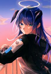 Rule 34 | 1girl, arknights, black jacket, closed mouth, day, fur-trimmed hood, fur trim, futaba159565, green eyes, halo, hashtag-only commentary, highres, hood, hood down, hooded jacket, jacket, light particles, long hair, long sleeves, looking at viewer, mostima (arknights), one-hour drawing challenge, purple hair, smile, solo, traditional halo, turning head, white halo