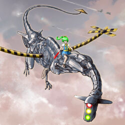 3girls aircraft airplane ascot blue_dress blue_sky bow closed_eyes cloud commentary_request contrail cookie_(touhou) dahaoli daiyousei diyusi_(cookie) dragon dress flying full_body hair_between_eyes hair_bow high-visibility_clothing high-visibility_vest high_ponytail holding kirisame_marisa long_bangs long_hair multiple_girls nadeko_(cookie) non-humanoid_robot offside:_diyusi pinafore_dress ponytail puffy_short_sleeves puffy_sleeves railroad_crossing railroad_signal reins reiuji_utsuho robot robot_dragon shirt short_sleeves sign silhouette sky sleeveless sleeveless_dress solo_focus touhou traffic_baton traffic_light uzuki_(cookie) warning_sign white_ascot white_shirt yellow_bow