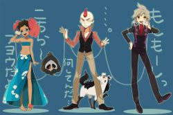 Rule 34 | 00s, 1girl, 2boys, aron, bad id, bad pixiv id, blue eyes, brown hair, duskull, elite four, flower, gen 3 pokemon, grey hair, hair flower, hair ornament, midriff, mightyena, multiple boys, navel, nintendo, phoebe (pokemon), pokemon, pokemon (creature), pokemon rse, red hair, sidney (pokemon), steven stone, strapless, tube top, ucchii, yellow eyes