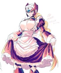 Rule 34 | 1boy, black dress, blonde hair, braid, crossdressing, dated, dress, forehead jewel, helmet, highres, long hair, maid, maid day, maid headdress, male maid, mega man (series), mega man x (series), red helmet, signature, simple background, solo, white background, yakumohu2122, zero (mega man)