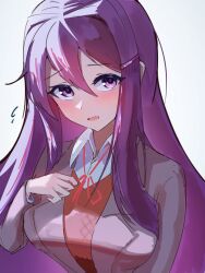 Rule 34 | 1girl, aegyo sal, coat, collared shirt, doki doki literature club, doki doki literature club school uniform, grey coat, hair between eyes, hair ornament, hairclip, hand on own chest, highres, long sidelocks, looking at viewer, narrow waist, neck ribbon, pink vest, purple eyes, purple hair, ribbon, school uniform, shirt, sidelocks, solo, sparkling eyes, sweat, upper body, very long sidelocks, vest, white background, white shirt, yame pi, yuri (doki doki literature club)