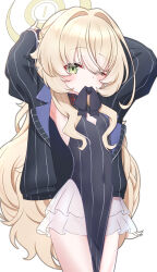 1girl absurdres armpits blonde_hair blue_archive blush bow breasts china_dress chinese_clothes coat commentary_request cosplay covered_navel diamond_cutout dress fluffy_hair gnoet green_eyes halo highres jacket kokona_(blue_archive) kokona_(blue_archive)_(cosplay) long_hair looking_at_viewer mouth_hold no_panties one_eye_closed professor_niyaniya_(blue_archive) see-through_clothes see-through_skirt side_ahoge simple_background skirt small_breasts solo striped_clothes striped_dress striped_jacket vertical-striped_clothes vertical-striped_dress vertical-striped_jacket white_background yellow_halo