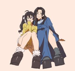 2boys :&lt; :o ahoge bad_id bad_twitter_id between_legs black_hair black_shoes black_socks blue_dress blue_eyes brothers collarbone covering_own_mouth crossdressing curtained_hair dress frilled_socks frills from_below full_body furrowed_brow green_eyes hair_between_eyes hair_extensions hair_over_shoulder hair_ribbon hand_between_legs hand_over_own_mouth hand_up head_tilt heterochromia hypnosis_mic hypnosis_mic:_alternative_rap_battle invisible_chair knees_together_feet_apart leaning_forward leaning_on_person long_dress long_hair long_sleeves looking_at_viewer male_focus miniskirt mole mole_under_eye mole_under_mouth multiple_boys multiple_moles nmpnjk off-shoulder_sweater off_shoulder official_alternate_costume open-toe_shoes orange_background parted_bangs platform_heels raised_eyebrows raised_inner_eyebrows ribbon see-through_clothes shoes siblings side_slit simple_background sitting skirt sleeves_past_wrists socks sweater tareme trap turtleneck turtleneck_dress twintails white_skirt white_socks yamada_jiro yamada_saburo yellow_eyes yellow_sweater
