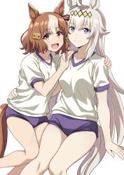 2girls animal_ears belno_light_(umamusume) blue_buruma blue_eyes bow brown_hair buruma ear_ornament ear_ribbon feet_out_of_frame grey_hair grey_tail gym_shirt gym_uniform hair_between_eyes hair_ornament horse_ears horse_girl horse_tail letter_hair_ornament long_hair looking_at_viewer multicolored_hair multiple_girls oguri_cap_(umamusume) ponzu_rui shirt short_hair simple_background sitting smile t-shirt tail umamusume umamusume:_cinderella_gray white_background white_shirt