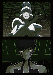 absurdres baal_(megami_tensei) black_border black_hair blank_eyes body_markings border colored_skin demi-fiend demon_(megami_tensei) glowing glowing_eyes glowing_tattoo green_background grey_skin haruhuru_8686 highres looking_down looking_up shadow shin_megami_tensei shin_megami_tensei_iii:_nocturne short_hair square tachibana_chiaki_(megami_tensei) topless_male upper_body yellow_eyes