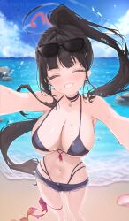 1girl ^_^ absurdres bare_shoulders beach bikini bilingual_text black_bikini black_halo blue_archive blush breasts cleavage closed_eyes commentary commentary_request crab english_commentary eyewear_on_head flying_sweatdrops grin halo highres large_breasts long_hair mixed-language_commentary mixed-language_text navel ocean outdoors ponytail revision rio_(blue_archive) rosumini seashell shell shorts smile solo sunglasses swimsuit very_long_hair