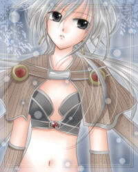 Rule 34 | 1girl, 2000s (style), bikini, black bikini, black eyes, brown capelet, brown gloves, capelet, commentary request, flat chest, gloves, grey background, long hair, looking at viewer, lowres, navel, parted lips, ragnarok online, sage (ragnarok online), sharari, solo, striped capelet, swimsuit, upper body