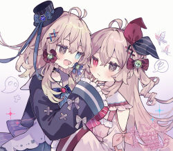 Rule 34 | 2girls, :d, antenna hair, black hat, black shirt, blonde hair, blue eyes, blush, bow, brown eyes, bug, butterfly, closed mouth, commentary request, double-parted bangs, frilled sleeves, frills, gradient background, hair bow, hair ornament, hat, heterochromia, highres, hisuiyasai, insect, long hair, long sleeves, mismatched pupils, multiple girls, open mouth, original, purple background, red bow, red eyes, shirt, smile, top hat, upper body, watermark, white background, white butterfly, wide sleeves, x hair ornament