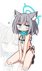 1girl absurdres animal_ear_fluff animal_ears bare_arms between_breasts bikini black_bikini black_shoes blue_archive blue_eyes blue_scarf breasts closed_mouth commentary_request grey_hair halo hana_kazari highleg highleg_bikini highres kneeling looking_at_viewer scarf shiroko_(blue_archive) shoes side-tie_bikini_bottom simple_background small_breasts socks solo swimsuit translation_request white_background white_socks wolf_ears zoom_layer