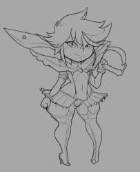 boots cosplay high_heel_boots high_heels highres kill_la_kill matoi_ryuuko_(cosplay) midna monochrome nintendo pointy_ears short_hair skirt the_legend_of_zelda thecon thigh_boots thighhighs weapon