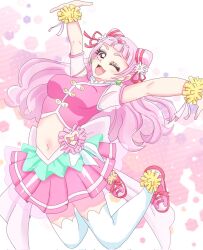 1girl armpits blush breasts clover_earrings cropped_shirt cure_yell highres hugtto!_precure long_hair looking_at_viewer medium_breasts momotarouooi navel nono_hana one_eye_closed open_mouth pink_eyes pink_hair pink_shirt pink_shoes pink_skirt precure shirt shoes short_eyebrows skirt sleeveless sleeveless_shirt smile solo thighhighs white_thighhighs