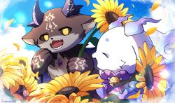 Rule 34 | 2others, :d, ^ ^, absurdres, artist name, bell, blue sky, claws, closed eyes, cloud, commentary request, day, debidebi debiru, demon, demon horns, demon wings, fangs, flower, happy, highres, holding, holding flower, horns, jingle bell, lens flare, light particles, lunlun (nijisanji), mikawa ayumu, multiple others, neck bell, nijisanji, no humans, open mouth, outdoors, petals, rope, sharp teeth, shimenawa, skin fangs, sky, smile, summer, sunflower, teeth, twitter username, virtual youtuber, wings, yellow eyes, yellow flower