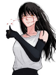 1girl absurdres black_gloves black_hair black_pants blood chainsaw_man closed_mouth commentary_request elbow_gloves facial_scar gloves highres long_hair nabe92213 orange_eyes pants ringed_eyes scar scar_on_cheek scar_on_face simple_background solo tank_top white_background white_tank_top yoru_(chainsaw_man)