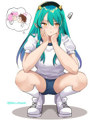1boy 2girls absurdres artist_name blue_shorts brown_hair commentary cone_horns full_body green_hair highres horns imminent_kiss long_hair lum moroboshi_ataru multiple_girls orange_eyes pinepin pink_hair pointy_ears ran_(urusei_yatsura) shirt short_hair shorts sitting socks speech_bubble sportswear squatting thought_bubble urusei_yatsura white_shirt white_sneakers white_socks