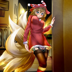 1girl alternate_color blonde_hair blue_eyes blush breasts discreet_vibrator embarrassed female_focus fox_tail garter_belt garter_straps hat large_breasts monikano multiple_tails santa_costume sex_toy solo tail thighhighs touhou upset vibrator vibrator_in_thighhighs vibrator_under_clothes yakumo_ran
