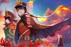 1girl 2boys belt black_belt black_cape black_hair black_hat black_jacket brother_and_sister cape center-flap_bangs character_request closed_mouth cloud crest falling_petals family_crest fate/grand_order fate_(series) fiery_hair floating_cape floating_hair flower from_behind hair_between_eyes hat high_collar highres jacket katana light_particles long_hair looking_at_viewer low_ponytail medallion military_uniform multicolored_sky multiple_boys oda_nobukatsu_(fate) oda_nobunaga_(fate) oda_nobunaga_(koha-ace) oda_uri onekoneko peaked_cap petals ponytail profile red_cape red_eyes red_flower red_jacket red_petals siblings sidelocks sky spider_lily star_(sky) sunset sword title v-shaped_eyebrows very_long_hair weapon
