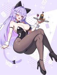 1girl ahoge alcohol alternate_costume arm_strap black_bow black_bowtie black_leotard black_pantyhose black_shoes blush bottle bow bowtie breasts card cat_girl cat_tail commentary crossed_legs cup detached_collar drinking_glass hair_ornament hairclip high_heels highleg highleg_leotard highres holding holding_tray hololive kogekoge1207 large_breasts legs leotard long_hair looking_at_viewer nekomata_okayu one_eye_closed open_mouth pantyhose playboy_bunny playing_card poker_chip pumps purple_eyes purple_hair shiny_clothes shoes smile solo strapless strapless_leotard symbol-only_commentary tail tray very_long_hair virtual_youtuber whiskey white_wrist_cuffs wine wine_glass wrist_cuffs